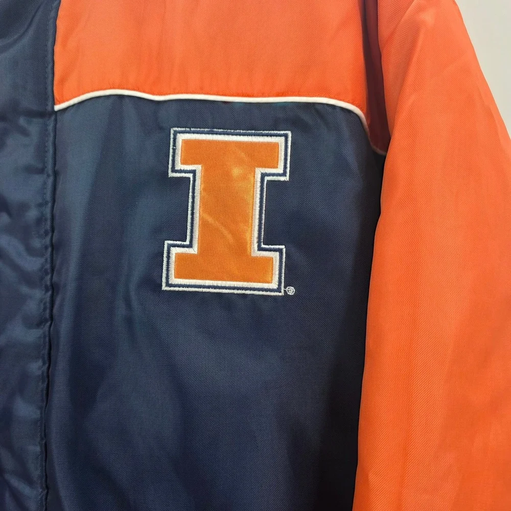 VINTAGE 90S ILLINOIS FIGHTING ILLINI PUFFER JACKET MENS LARGE BLUE ORANGE NEW!!
